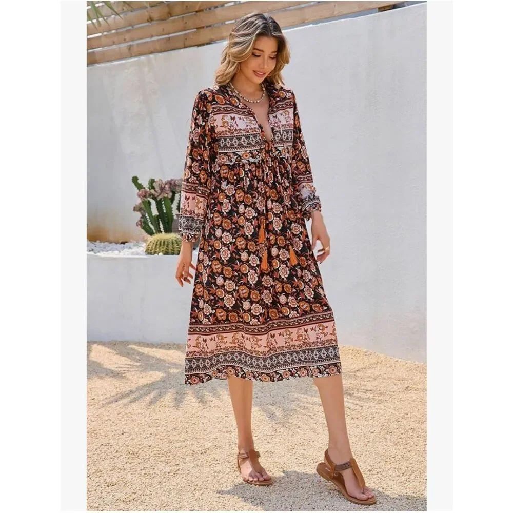 R.Vivimos Blk Long Sleeve Floral Print V Neck Tassel Bohemian Midi, NWOT, S